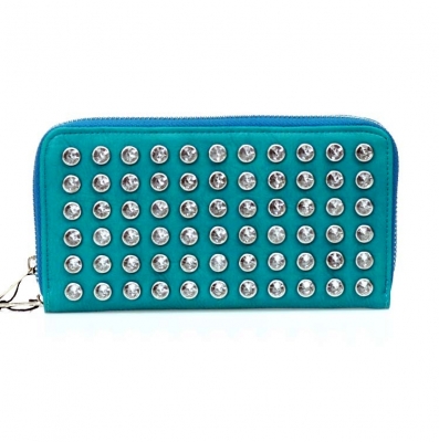 Hot Double Zipper Entry Faux Leather Wallet w/ Rhinestone Decoration and Wrislet Handle